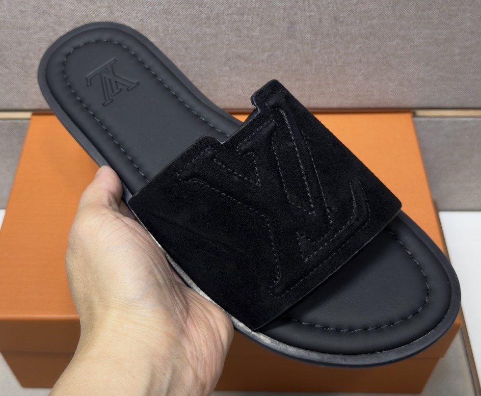 Louis Vuitton Men's Black Logo Slide Sandals - Contoured Footbed